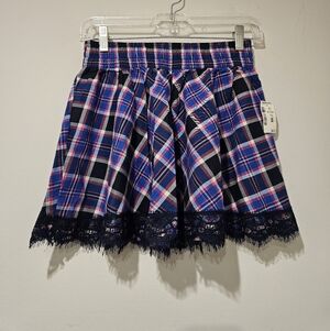 Aeropostale Blue and Pink Plaid Skirt with Lace Trim, Size Small